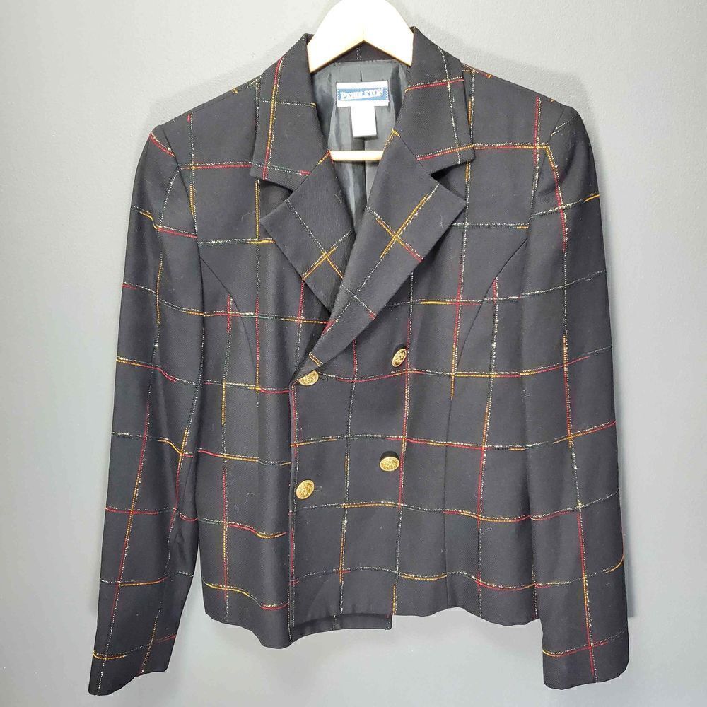 ‎Pendleton Women's Wool Blend Button Black Blazer Plaid Jacket Size 10